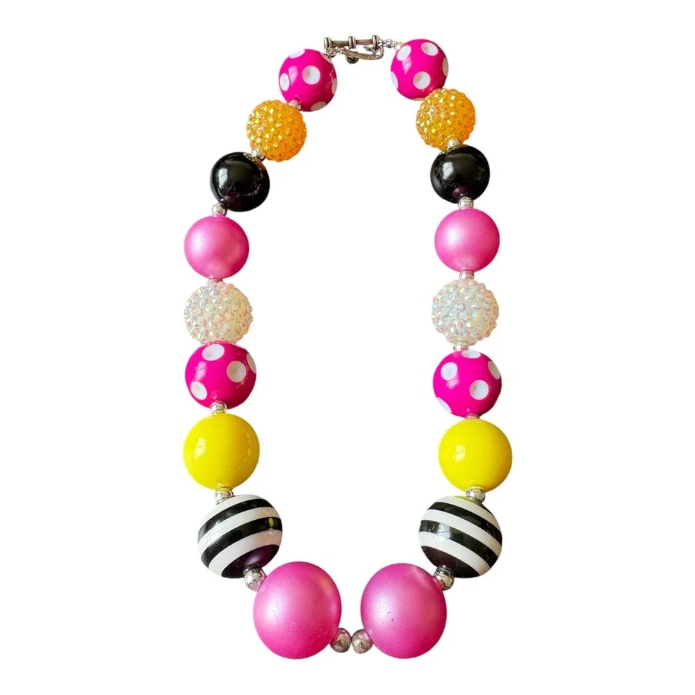 Girls Bubblegum Bead Necklace Pink Yellow Black Polka Dot Striped Boutique 17